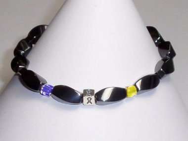 Down Syndrome Awareness Bracelet (Unisex/Stretch) - Gray With Blue & Yellow Accent Cubes