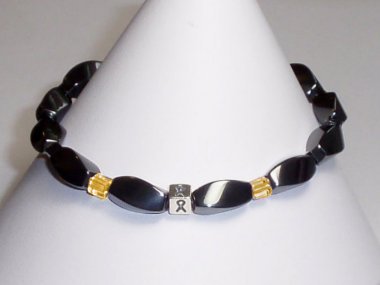 Childhood Cancer Awareness Bracelet (Unisex/Stretch) - Gray With Gold Accent Cubes