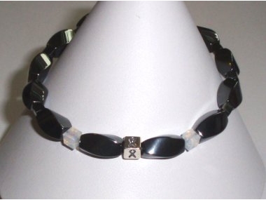 Lung Cancer/Lung Disease Awareness Bracelet (Unisex/Stretch) - Gray With Pearl Accent Cubes