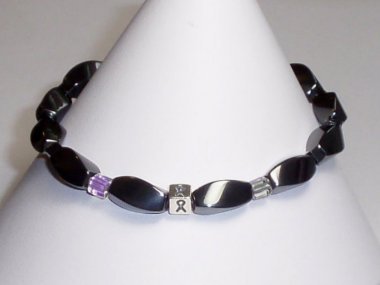 Meningioma Awareness Bracelet (Unisex/Stretch) - Purple & Gray Accent Cubes