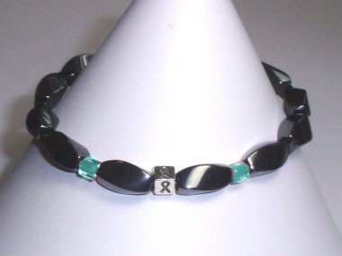 Ovarian Cancer Awareness Bracelet (Unisex/Stretch) - Gray With Teal Accent Cubes