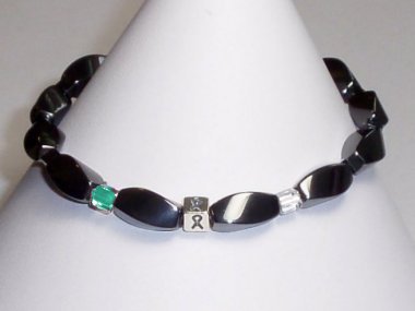 Cervical Cancer Awareness Bracelet (Unisex/Stretch) - Gray With Teal & White Accent Cubes