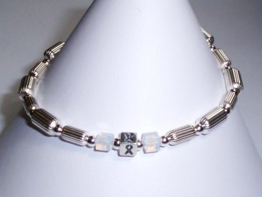 Lung Cancer/Lung Disease Awareness Bracelet (Unisex) - Sterling Silver & Pearl Accent Cubes