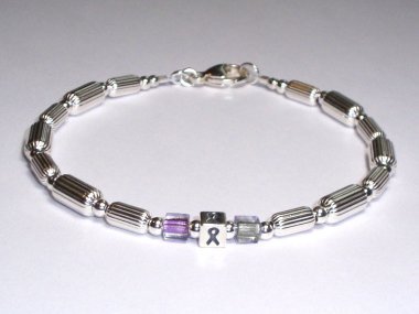 Meningioma Awareness Bracelet (Unisex) - Sterling Silver With Purple & Gray Accent Cubes