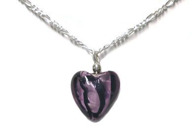 Murano Lampwork Purple Heart Necklace with Sterling Silver Chain