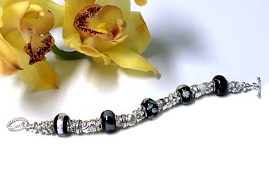 Murano Black Lampwork Glass & Sterling Silver Bracelet