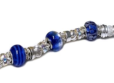 Murano (Like Pandora) Blue Lampwork and Sterling Silver Bracelet Close Up