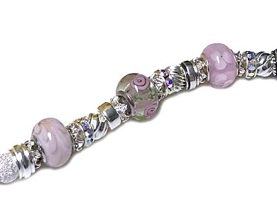 Murano (Like Pandora) Pink Lampwork and Sterling Silver Bracelet Close Up