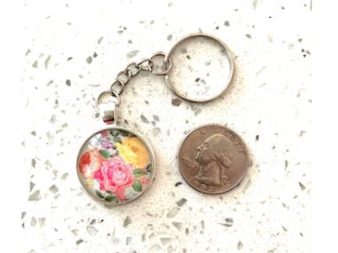 Pink Yellow Peach Roses Pendant Keychain