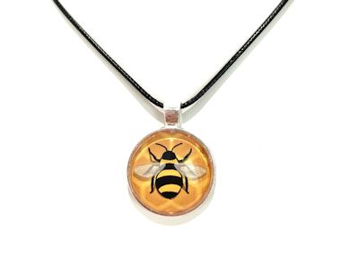 Bumble Bee Honeycomb Pendant Necklace (Black Cord, Silver Chain or Keychain)