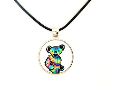 Dancing Bear Grateful Dead Pendant Necklace (Black Cord, Silver Chain or Keychain)