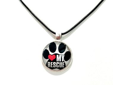 I Love My Rescue Paw Print Pendant Necklace - Black Cord, Silver Chain or Keychain