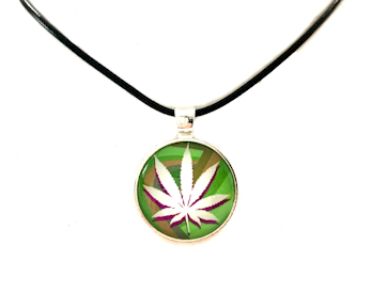 Marijuana Pot Leaf Cannabis Pendant Necklace (Black Cord, Silver Chain or Keychain)