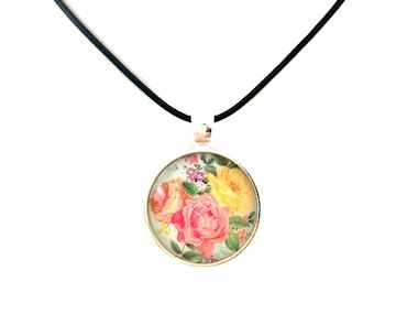 Pink Yellow Peach Roses Pendant Necklace (Black Cord, Silver Chain or Keychain)