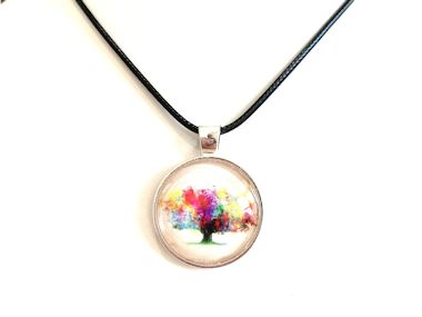 Rainbow Tree Pendant Necklace - Black Cord, Silver Chain or Keychain