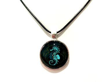 Seahorse Pendant Necklace (Black Cord, Silver Chain or Keychain)