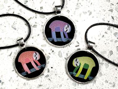 Sloth Pendant Necklace - Black Cord, Silver Chain or Keychain