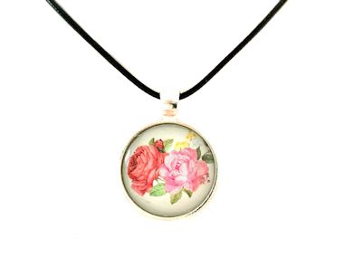 Pink Roses Pendant Necklace - Black Cord, Silver Chain or Keychain